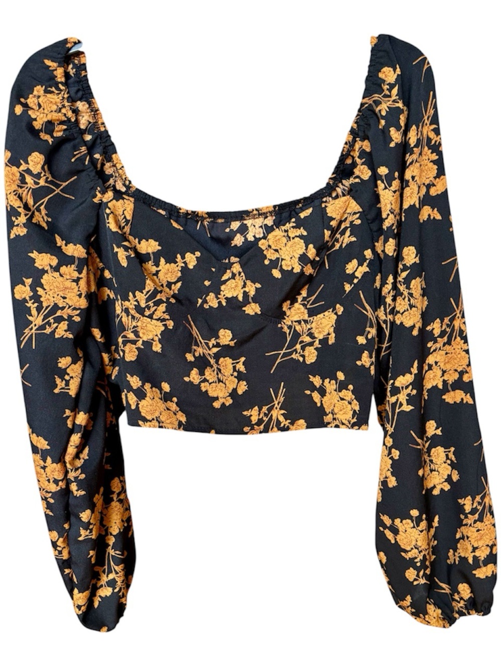 SHEIN Black Cropped Top with Mustard Floral Print